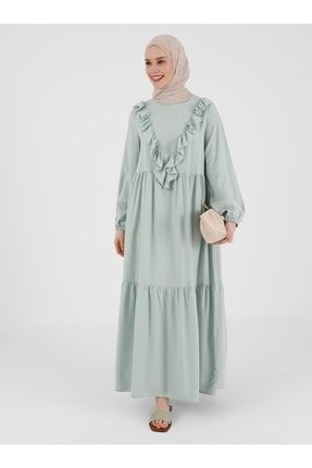 Jakar Kumaşlı Volan Detaylı Elbise - Mint Yeşili 8158235