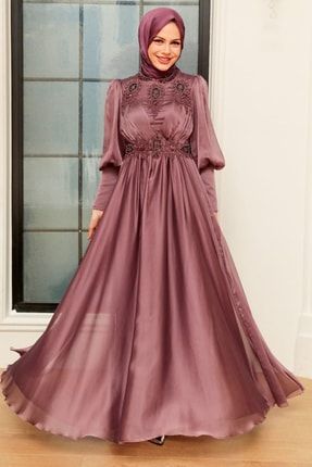 Tesettürlü Abiye Elbise - Boncuk Işlemeli Koyu Gül Kurusu Tesettür Abiye Elbise 22101kgk EGS-22101