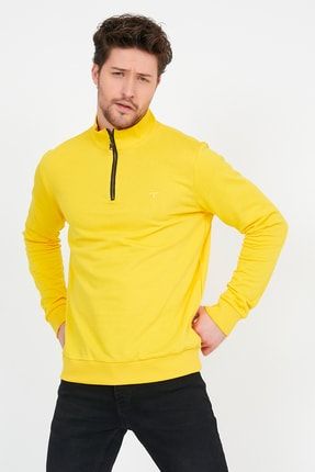 Erkek Sarı Dik Yaka Yarım Fermuarlı Basic Sweatshirt ADG21K-5200179