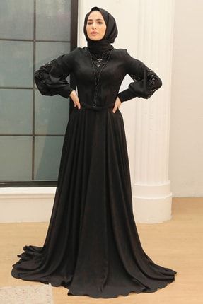 Tesettürlü Abiye Elbise - Boncuk Işlemeli Siyah Tesettür Abiye Elbise 750s BLY-750