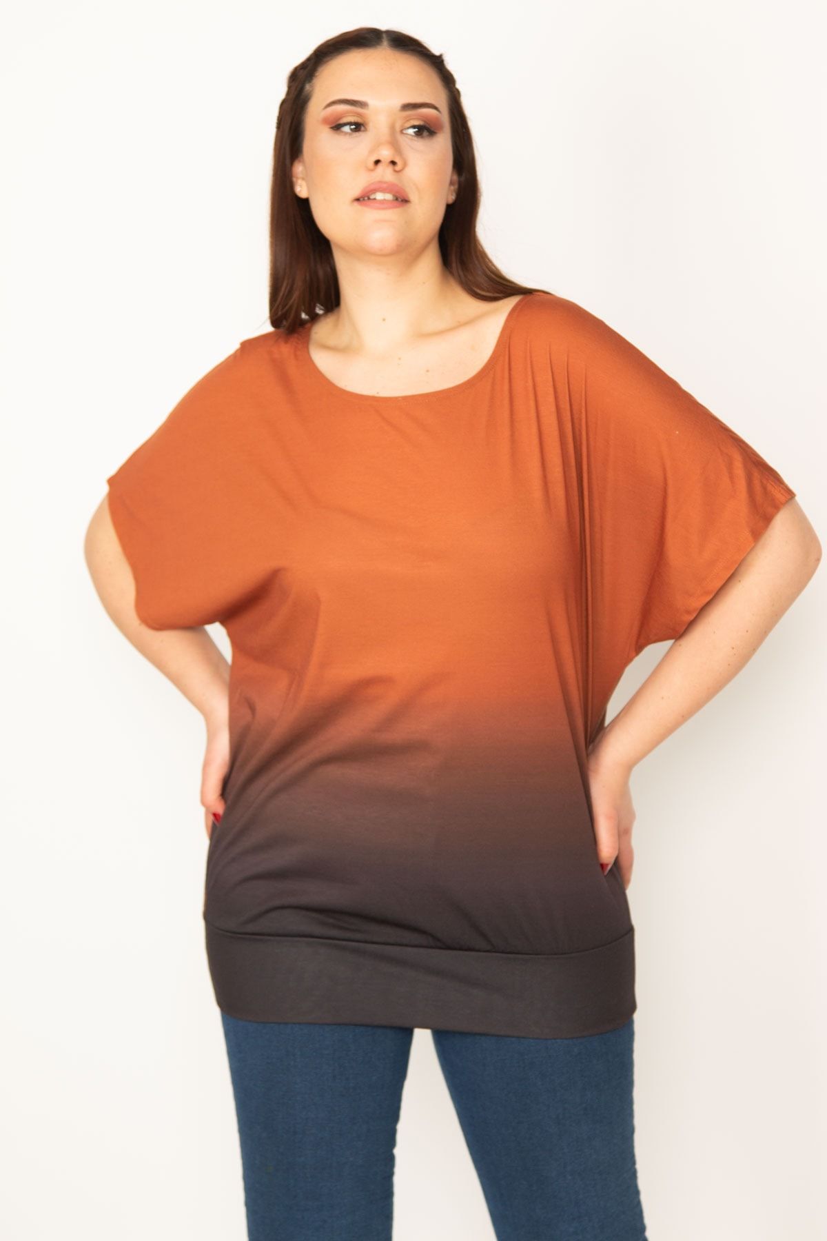 Şans-Women's Plus Size Orange Tie-Dye Patterned Low Sleeve Blouse with Skirt Tip Band 65n30615 3