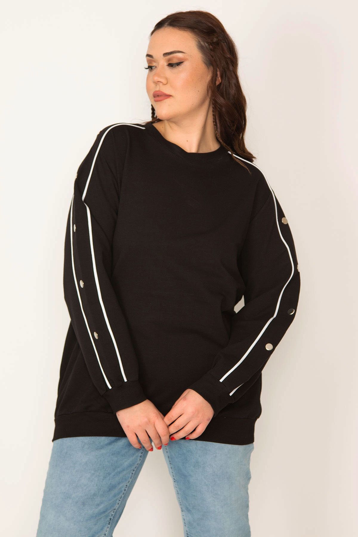 Şans Women's Large Size Black Hooded Shoulderless Sweatshirt