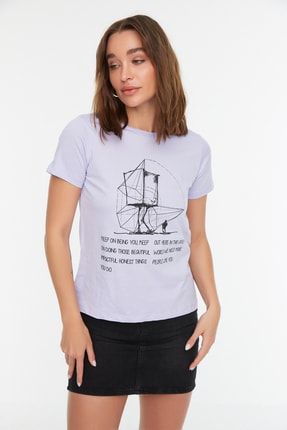 Lila Baskılı Basic Örme T-Shirt TWOSS22TS2313