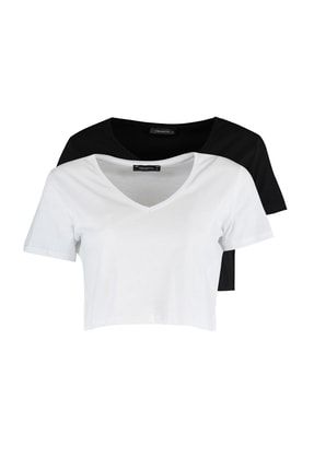 Siyah-Beyaz %100 Pamuk Süprem 2'li Paket V Yaka Crop Örme T-Shirt TWOSS22TS0686