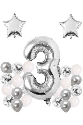 Gümüş Konsept 3 Yaş Doğum Günü Kutlama Seti; Beyaz Gümüş Konfetili Balon, Rakam Yıldız Folyo TPKT000003125