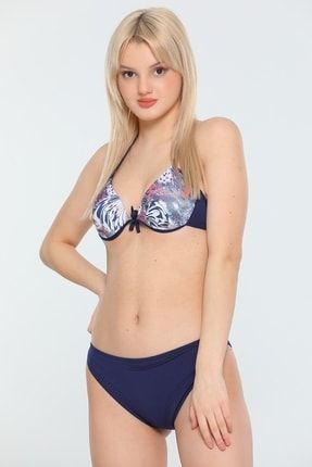 Lacivert Kadın Likralı Boyundan Bağlamalı Hafif Destekli Desenli Bikini P-038359