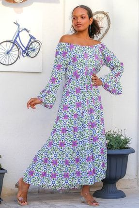 Kadın Mavi Carmen Yaka Zambak Çiçek Desenli Kolları Volanlı Uzun Elbise M10160000EL93342