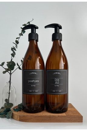 Uzun 2'li Set 500ml Amber Kahverengi Cam Şişe Şampuan & Duş Jeli Siyah Etiketli goset13