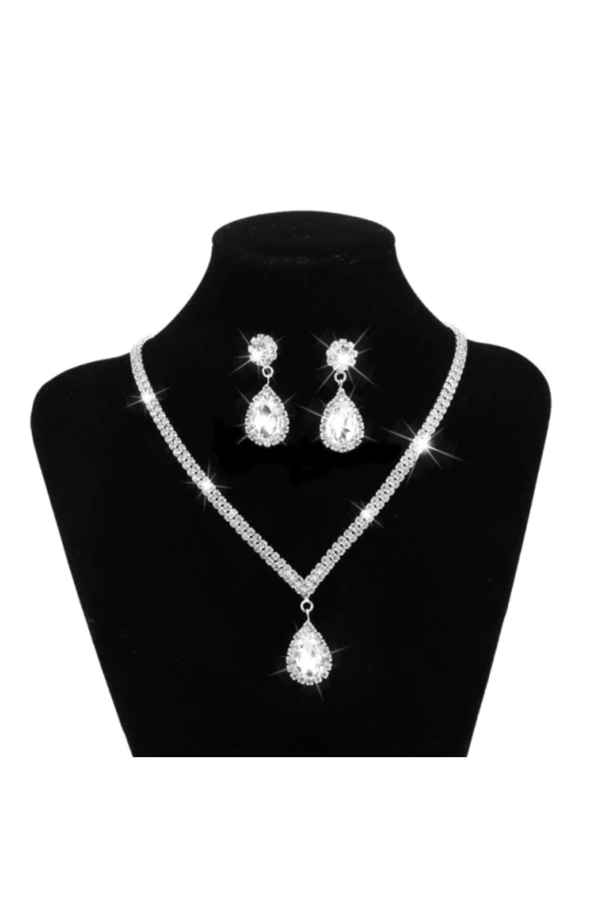 Glema - Kristal Taşlı Su Damlası Gümüş Kaplama Şık Düğün Kolye Küpe Hediye Takı Seti