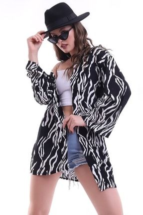 Bayan Siyah-beyaz Zebra Desen Uzun Kimono TYC00187673191