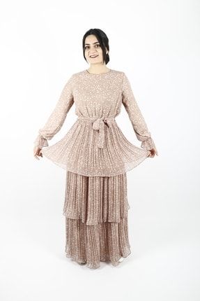 Pudra Puantiyeli Kat Kat Plise Detaylı Kadın Tesettür Elbise BRNS1600