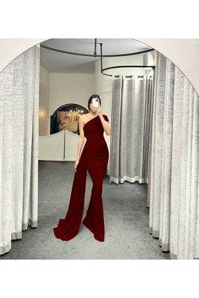 Kırmızı Krep Kumaş Tek Omuz Yandan Kuyruk Detaylı Balık Kesim Uzun Elbise 582108 684 MAT-684