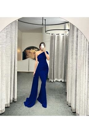 Mavi Krep Kumaş Tek Omuz Yandan Kuyruk Detaylı Balık Kesim Uzun Elbise 582108 684 MAT-684