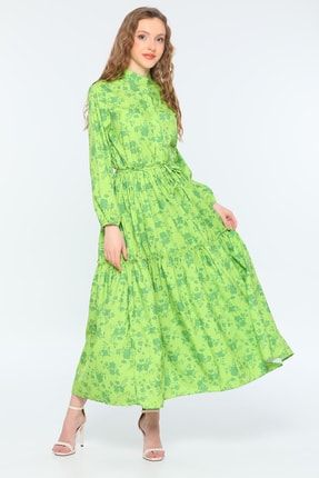 Yeşil Kadın Hakim Yaka Bel Detaylı Eteği Katlı Desenli Uzun Elbise P-038307