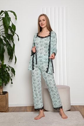 Sabahlıklı Askılı Dantelli Çiçekli Üçlü Pijama Takımı ISLY5192