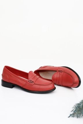 Kırmızı Antik Gön Hakiki Deri Yuvarlak Burun Kısa Topuklu Loafer Kadın Günlük Ayakkabı 24138 GDZA61324138