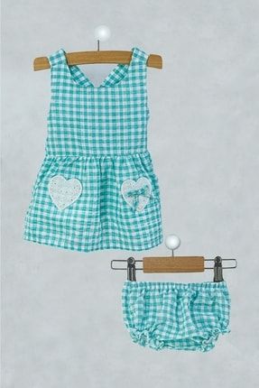 Kız Bebek Mint Yeşili Kareli, Kalp Fiyonklu,külotlu Yazlık Elbise TYC00426723721
