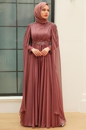 Tesettürlü Abiye Elbise - Pelerinli Kahverengi Tesettür Abiye Elbise 22130kh EGS-22130