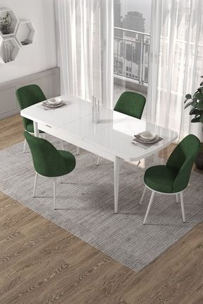 Kor Serisi 70x114 Açılabilir Mutfak Masası Takımı, Beyaz Masa+4 Haki Yeşil Sandalye CN32KORBYZ4