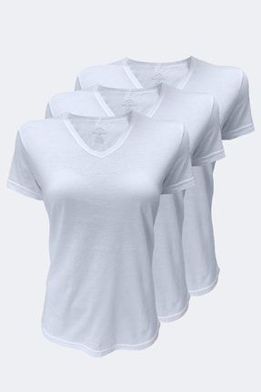 Kadın Beyaz 3 Lü Paket Basic V Yaka Ince Modal T-shirt 3m7051 3M7051