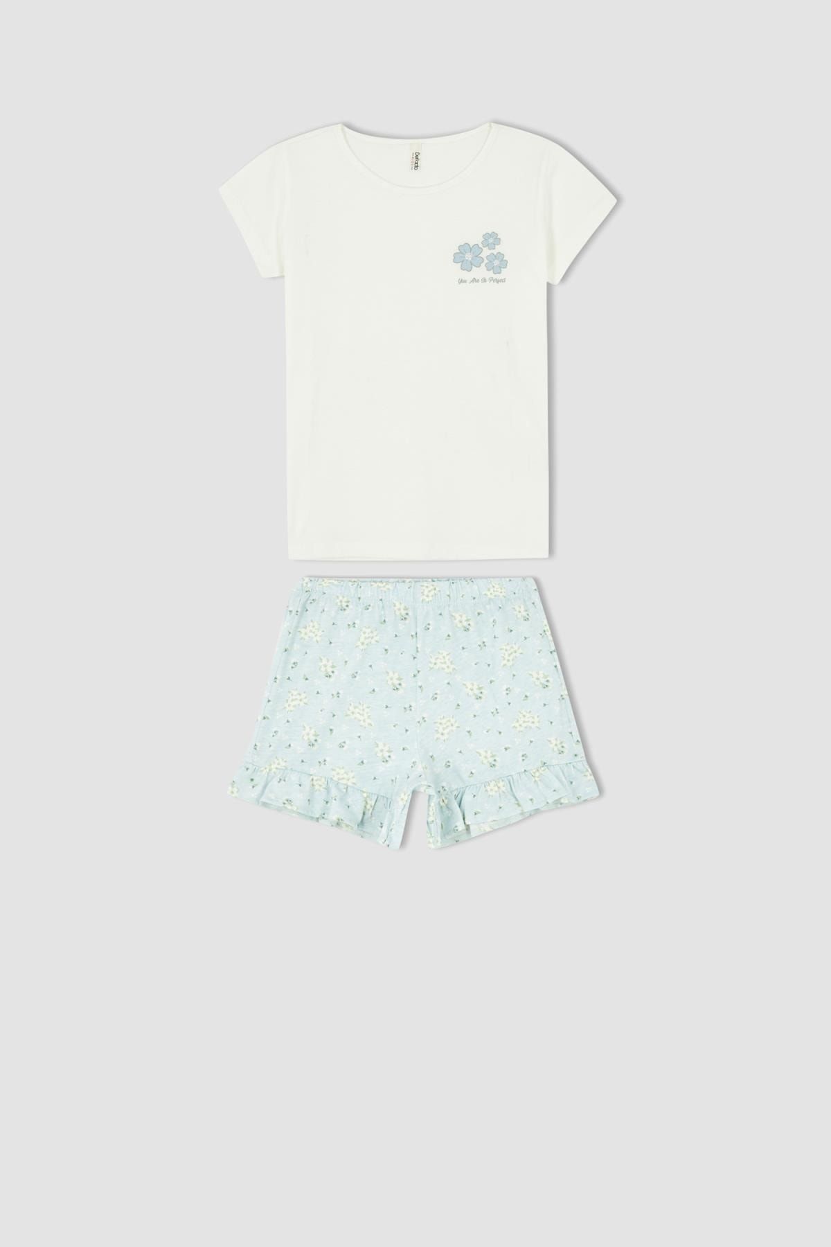 DeFacto-Bedrucktes Kurzarm-Shorts-Pyjama-Set aus Baumwolle für Mädchen 1