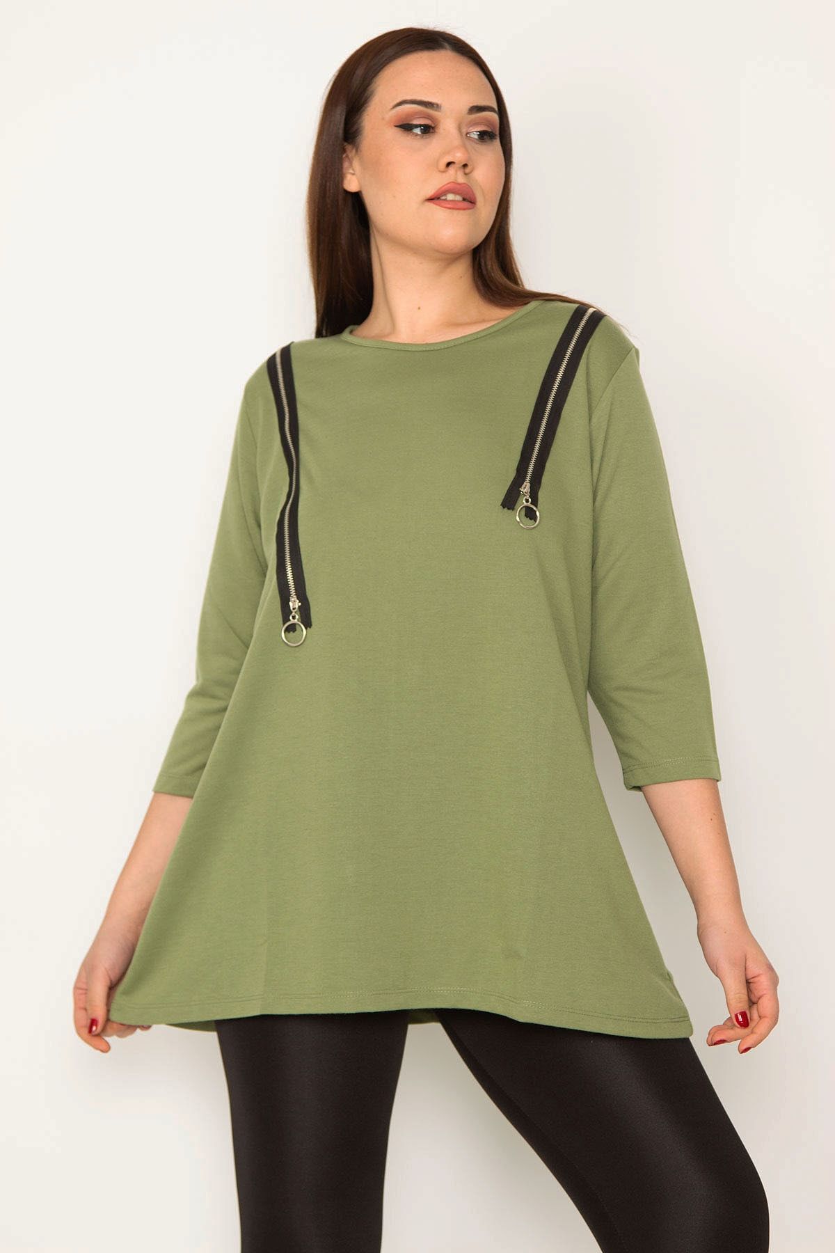 Şans-Women's Large Size Khaki Ornamental Zippered Tunic 65n32783 2