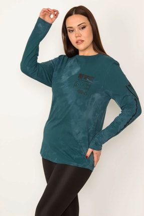 Kadın Petrol Pamuklu Kumaş Batik Desenli Uzun Kollu Bluz 65N32242