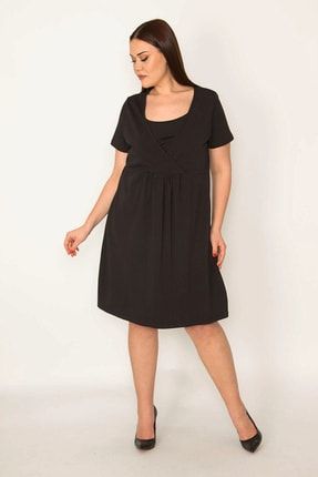 Kadın Siyah Pamuklu Kumaş Anvelop Yakali Bel Büzgülü Elbise 65N32136