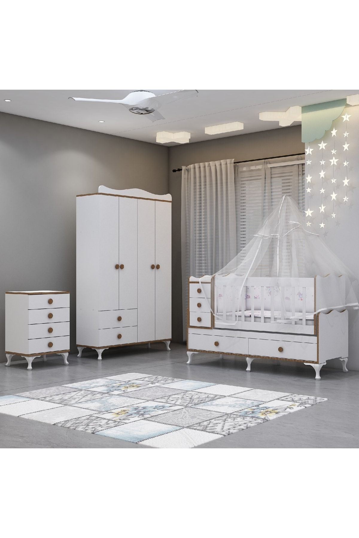 Garaj Home 4 Komodin Bebek Odası Yatak Uyku Seti Kombin Uyku Seti Krem