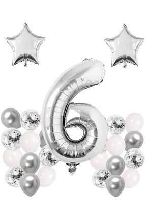 Gümüş Konsept 6 Yaş Doğum Günü Kutlama Seti; Beyaz Gümüş Konfetili Balon, Rakam Yıldız Folyo TPKT000003128