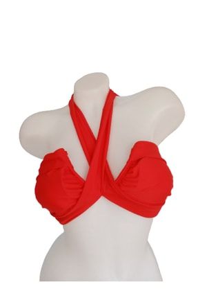 Kadın Kırmızı Boyundan Bağlamalı Önden Çapraz Bikini Üstü BK2020KB0037