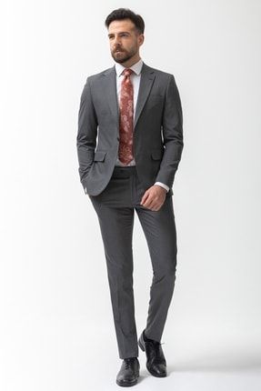 Düz Antrasit Rengi Slim Fit Mono Yaka Klasik Erkek Takım Elbise 40855.22Y