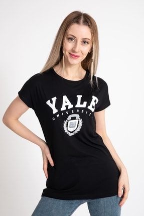 Kadın Yale Baskılı Siyah Tshirt 20611