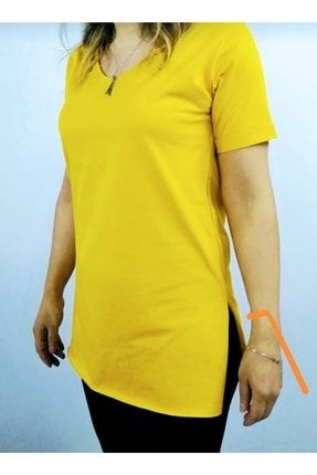 Kadın Sarı V Yaka Yandan Yırtmaçlı Kısa Kol Tshirt 46632