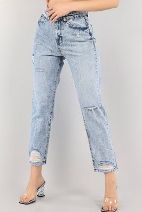 Kadın Mavi Kar Yıkama Paça Yırtık Detaylı Tek Diz Yırtık Kot Mom Jeans G1321