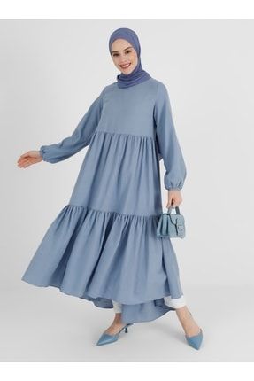 Doğal Kumaşlı Salaş Elbise - Denim Blue - 8170089