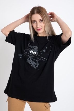 Kadın Ön Ve Arkası Baskılı Oversize Siyah T-shirt 5511