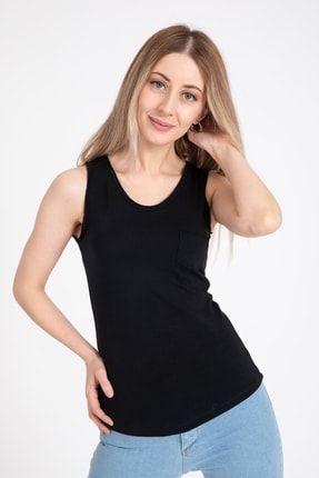 Kadın V Yaka Cepli Kalın Askılı Siyah T-shirt 20545