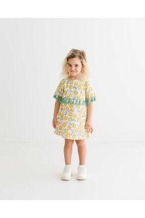 Limon Baskılı Püsküllü Lisanslı Poplin Kız Çocuk Elbisesi HA3573
