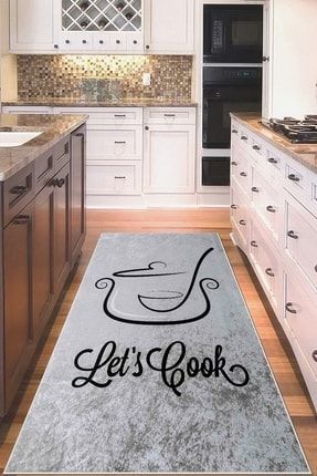 Gri Let's Cook Yazılı Yıkanabilir Kaymaz Taban Leke Tutmaz Modern Mutfak Halısı Ve Yolluk MTFMDN7