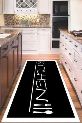 Siyah Kitchen Yazılı Yıkanabilir Kaymaz Taban Leke Tutmaz Modern Mutfak Halısı Ve Yolluk MTFMDN5