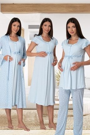 Effortt Kadın Hamile Lohusa Gecelik Sabahlık Ve Pijama Takımı 4'lü Set 6016 KTS6016