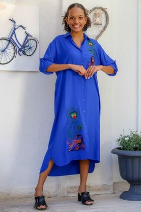 Kadın Saks Mavi Yakalı Tavus Kuşu Nakışlı Kol Ayarlı Cepli Gömlek Elbise M10160000EL93351