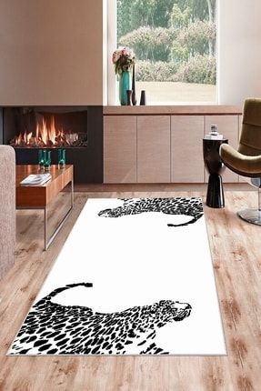 Beyaz Zemin Siyah Leopar Desenli Yıkanabilir Kaymaz Taban Leke Tutmaz Modern Salon Halısı ve Yolluk MRTMOD20