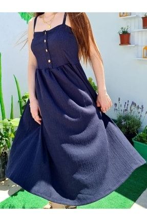 Kadın Lacivert Askılı Midi Elbise KLAME1001