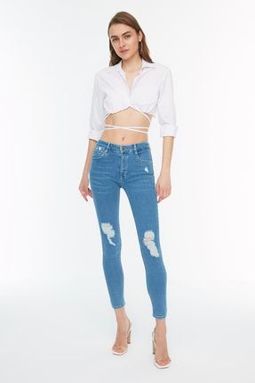 Koyu Mavi Yırtıklı Düşük Bel Skinny Jeans TWOSS22JE00123