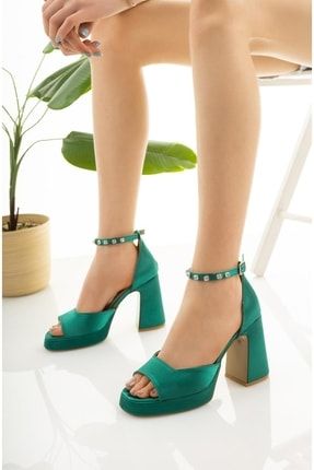 Yeşil Saten Platform Topuklu Kadın Ayakkabı LBS-0000000441