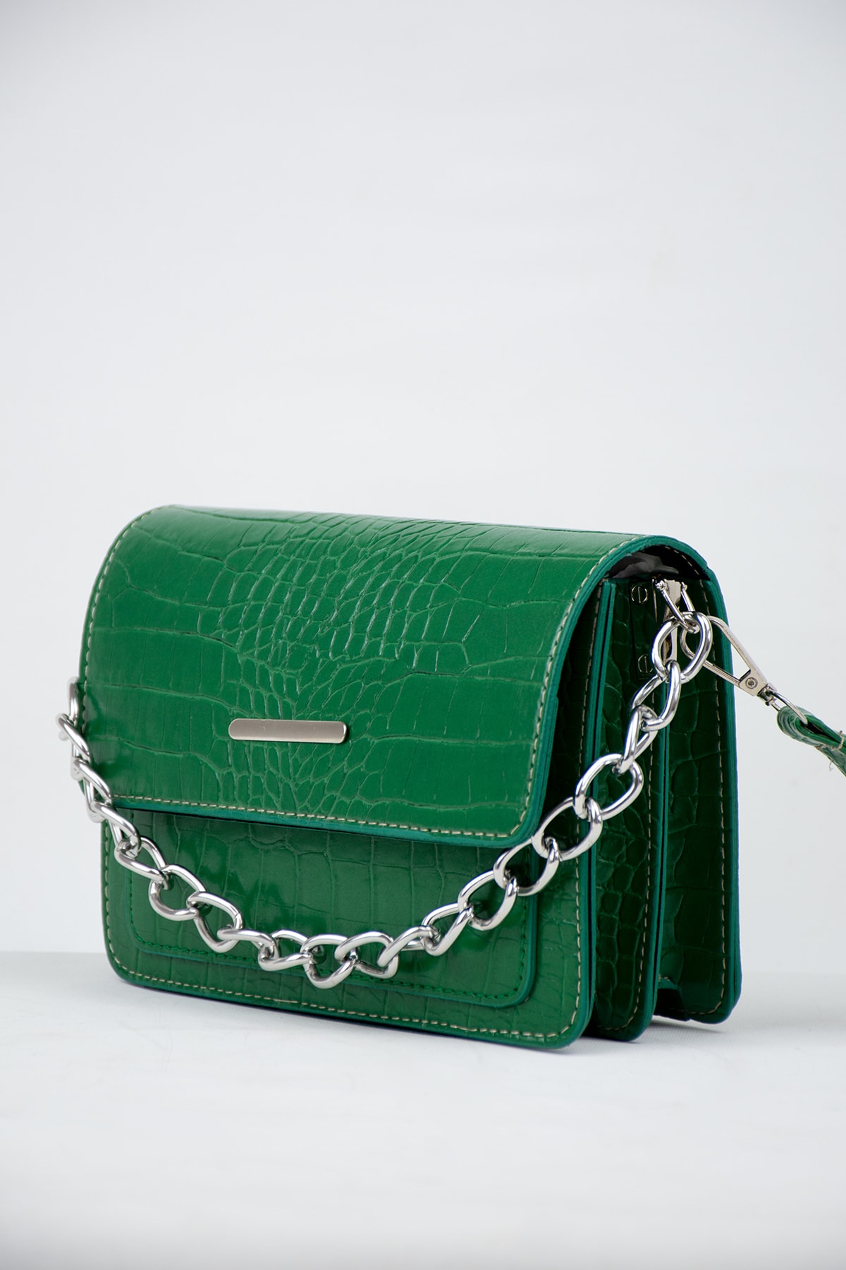 MEİZEN Yeşil Kadın Timsah Desenli Clutch Baget Zincir Askılı Çanta