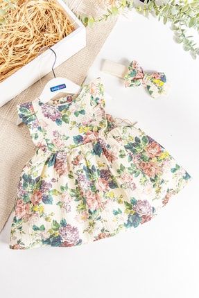 Çiçek Desenli Bandanalı Kız Bebek Çocuk Elbise Babymod-DM1B209302