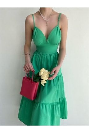 Sırt Bağlamalı Uzun Elbise Yeşil ANG-Mia-6756